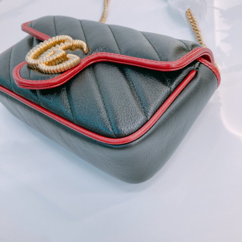 MS0601 Gucci 古馳 經典 斜紋 超迷你 斜背包 可綁結鏈條 牛皮 黑色 紅邊 金扣 GG Marmont Super Mini Calfskin Black and Red x GHW-6