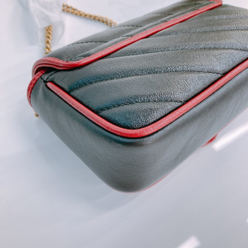 MS0601 Gucci 古馳 經典 斜紋 超迷你 斜背包 可綁結鏈條 牛皮 黑色 紅邊 金扣 GG Marmont Super Mini Calfskin Black and Red x GHW-7