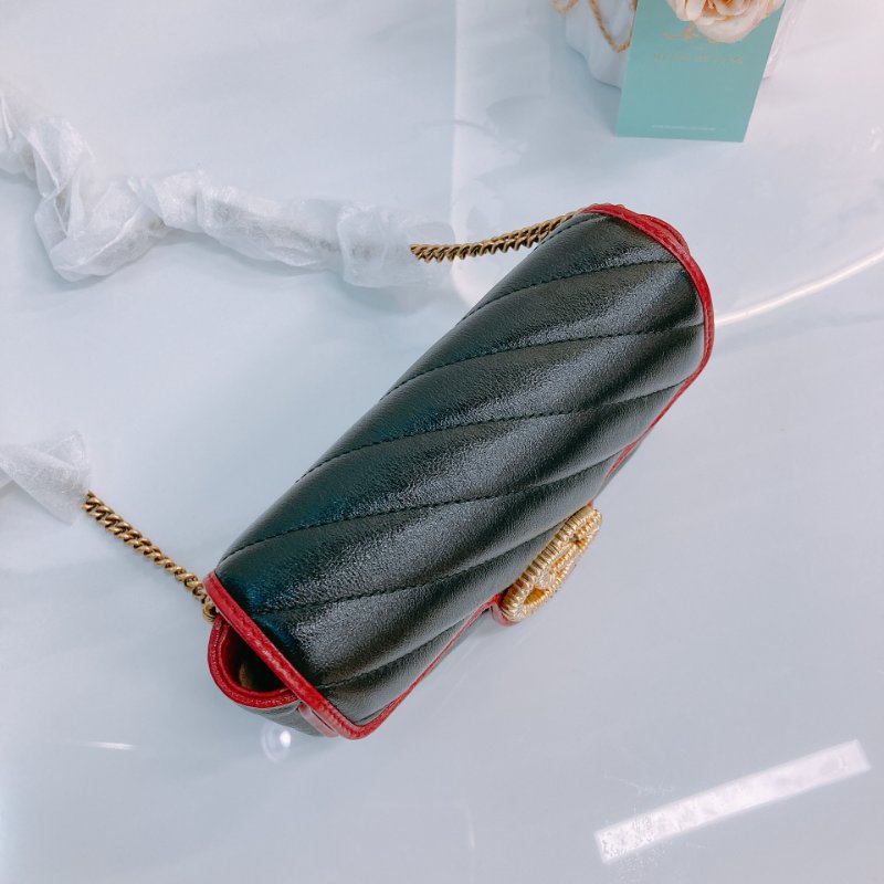 MS0601 Gucci 古馳 經典 斜紋 超迷你 斜背包 可綁結鏈條 牛皮 黑色 紅邊 金扣 GG Marmont Super Mini Calfskin Black and Red x GHW-9