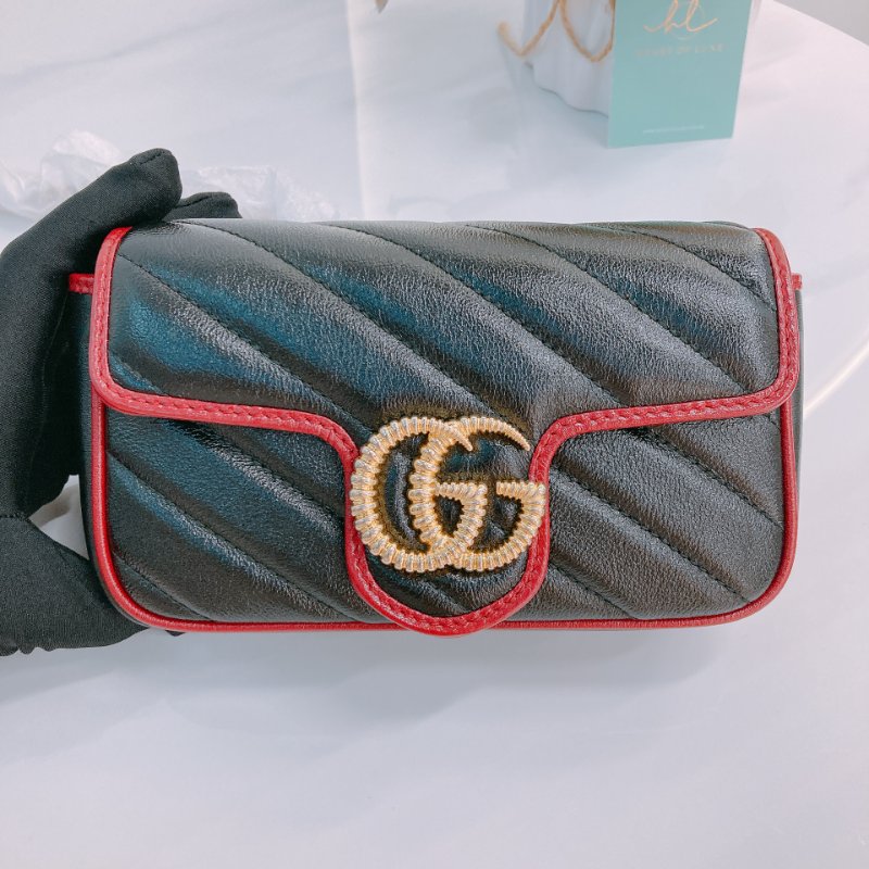 MS0601 Gucci 古馳 經典 斜紋 超迷你 斜背包 可綁結鏈條 牛皮 黑色 紅邊 金扣 GG Marmont Super Mini Calfskin Black and Red x GHW-10