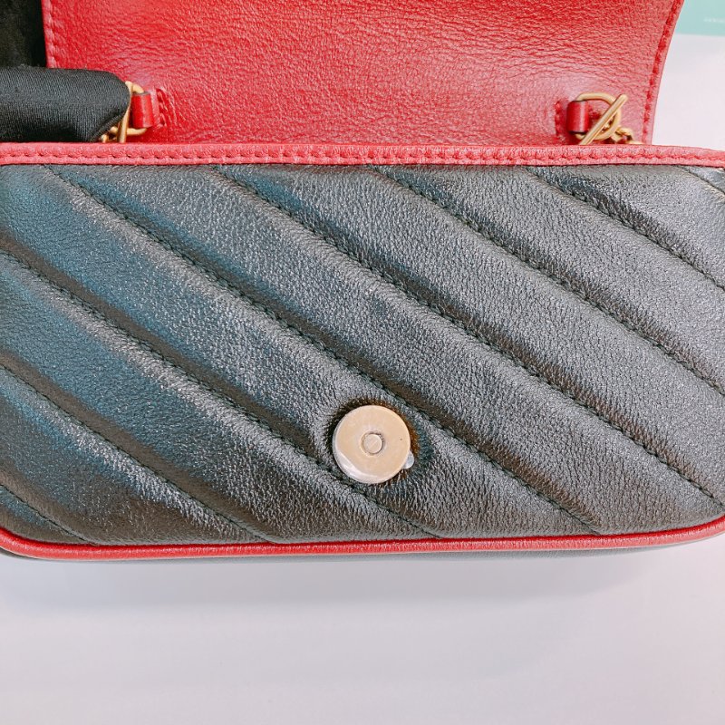 MS0601 Gucci 古馳 經典 斜紋 超迷你 斜背包 可綁結鏈條 牛皮 黑色 紅邊 金扣 GG Marmont Super Mini Calfskin Black and Red x GHW-12