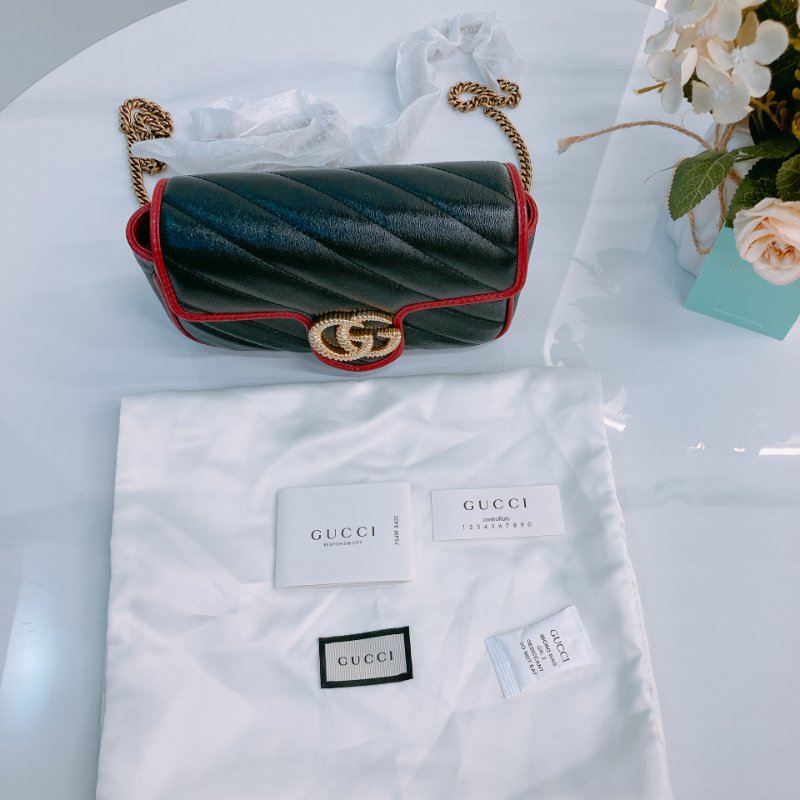 MS0601 Gucci 古馳 經典 斜紋 超迷你 斜背包 可綁結鏈條 牛皮 黑色 紅邊 金扣 GG Marmont Super Mini Calfskin Black and Red x GHW-15