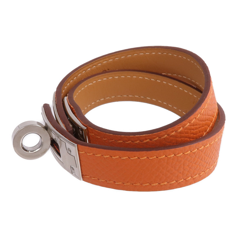 HERMES Epsom皮革Kelly Double Tour Bracelet銀扣手帶Orange H-1