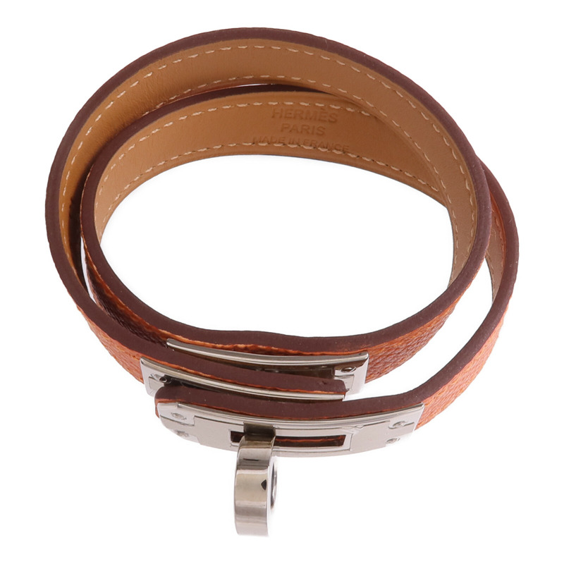 HERMES Epsom皮革Kelly Double Tour Bracelet銀扣手帶Orange H-3