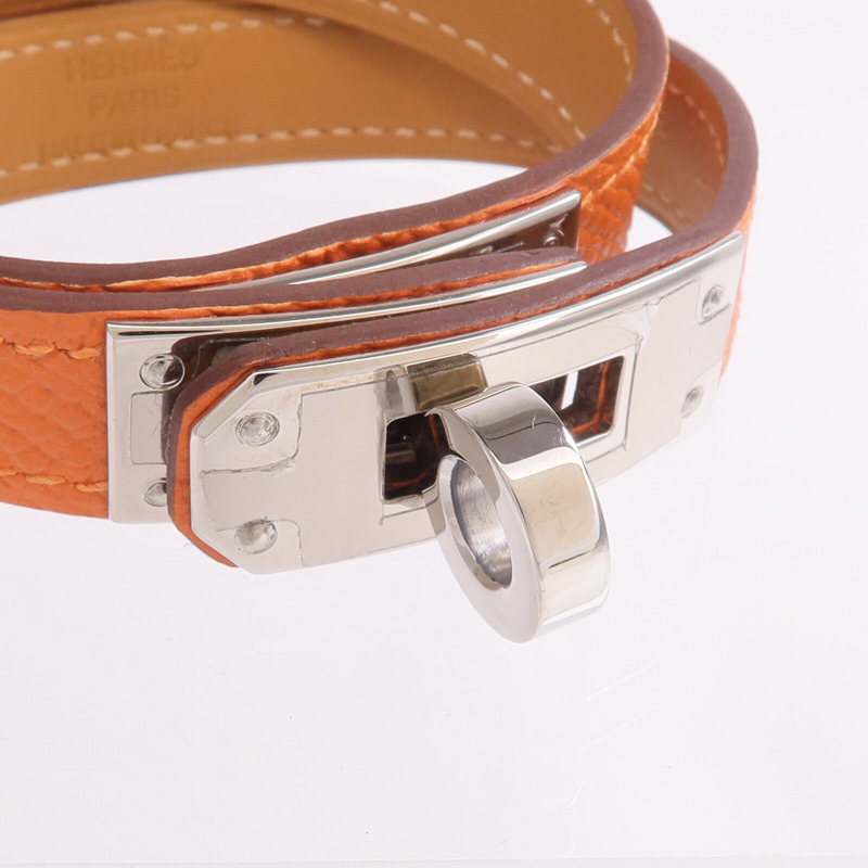 HERMES Epsom皮革Kelly Double Tour Bracelet銀扣手帶Orange H-4
