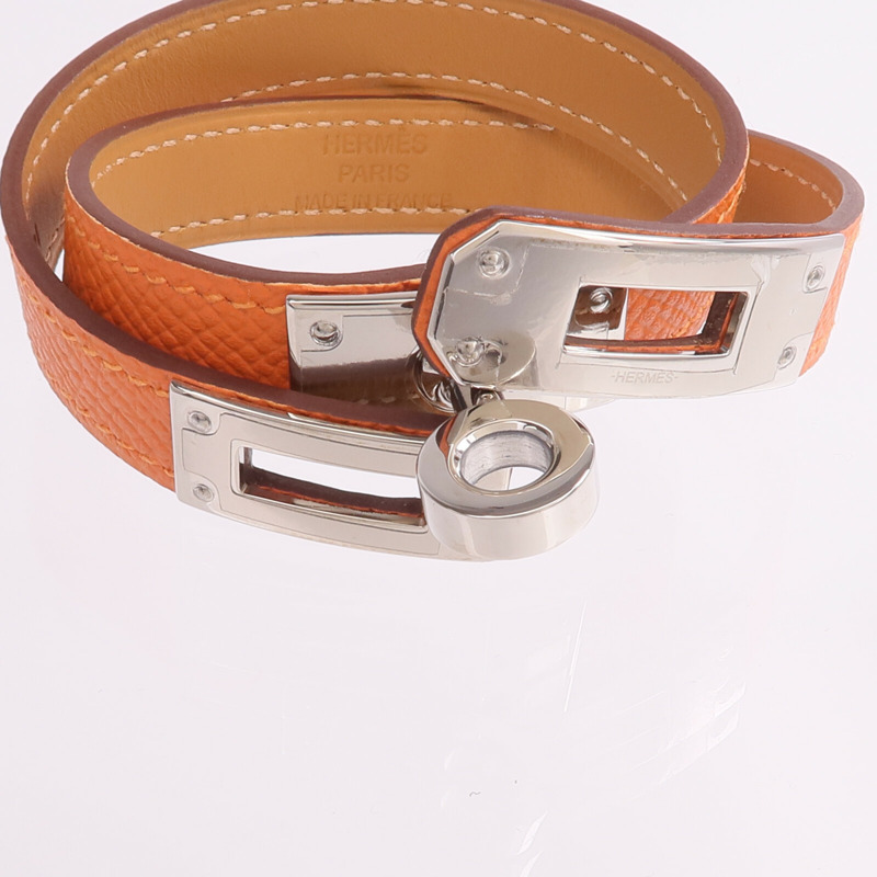 HERMES Epsom皮革Kelly Double Tour Bracelet銀扣手帶Orange H-5