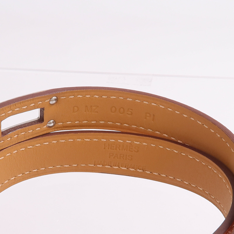 HERMES Epsom皮革Kelly Double Tour Bracelet銀扣手帶Orange H-8