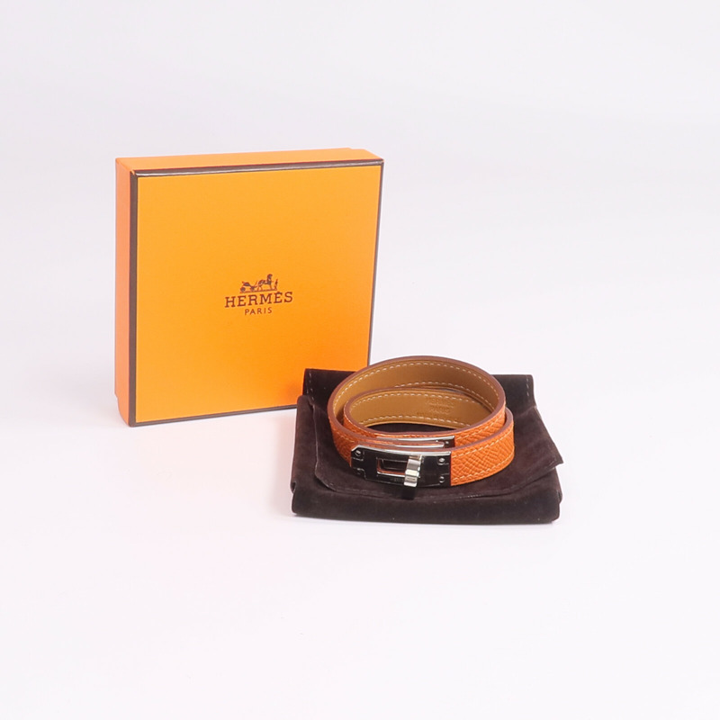 HERMES Epsom皮革Kelly Double Tour Bracelet銀扣手帶Orange H-9