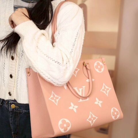 LV粉拚米雙色牛皮on the go MM手提側背包M45982