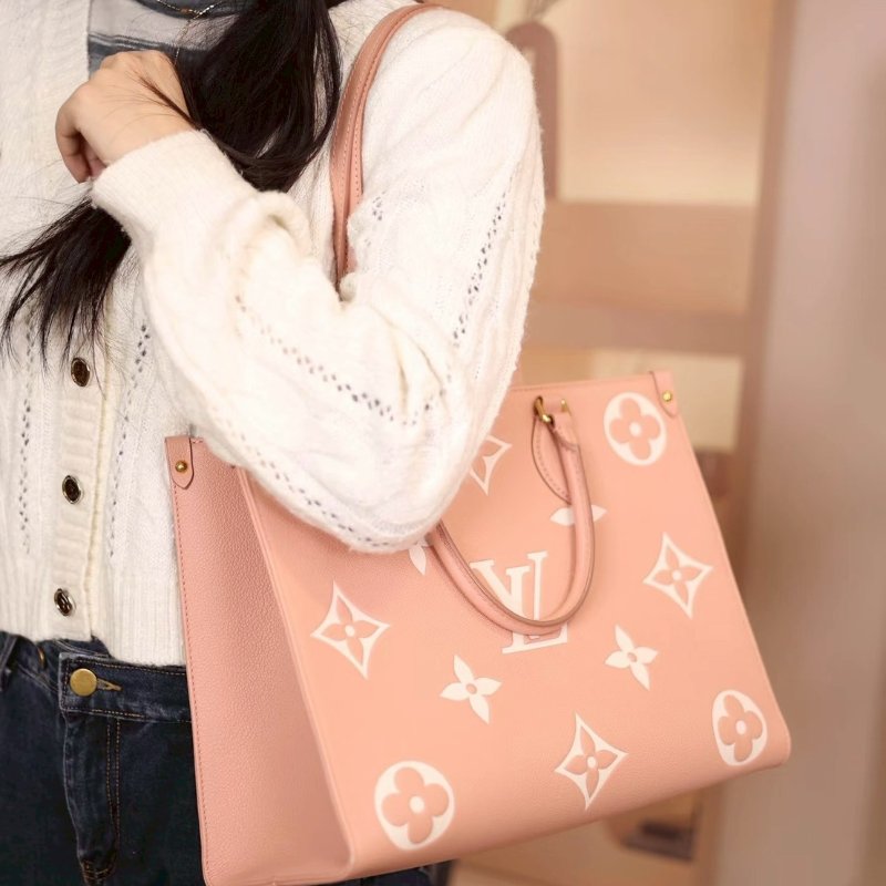 LV粉拚米雙色牛皮on the go MM手提側背包M45982-0