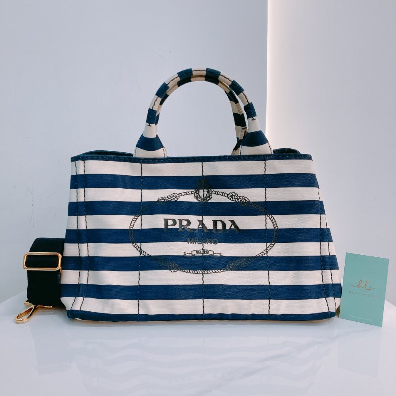 MS0602 Prada 普拉達 麻繩圈標誌 帆布 手提包 單肩包 間條 軍藍色 金扣 Canapa Logo Handle Bag with Strap Canvas Navy x White-0
