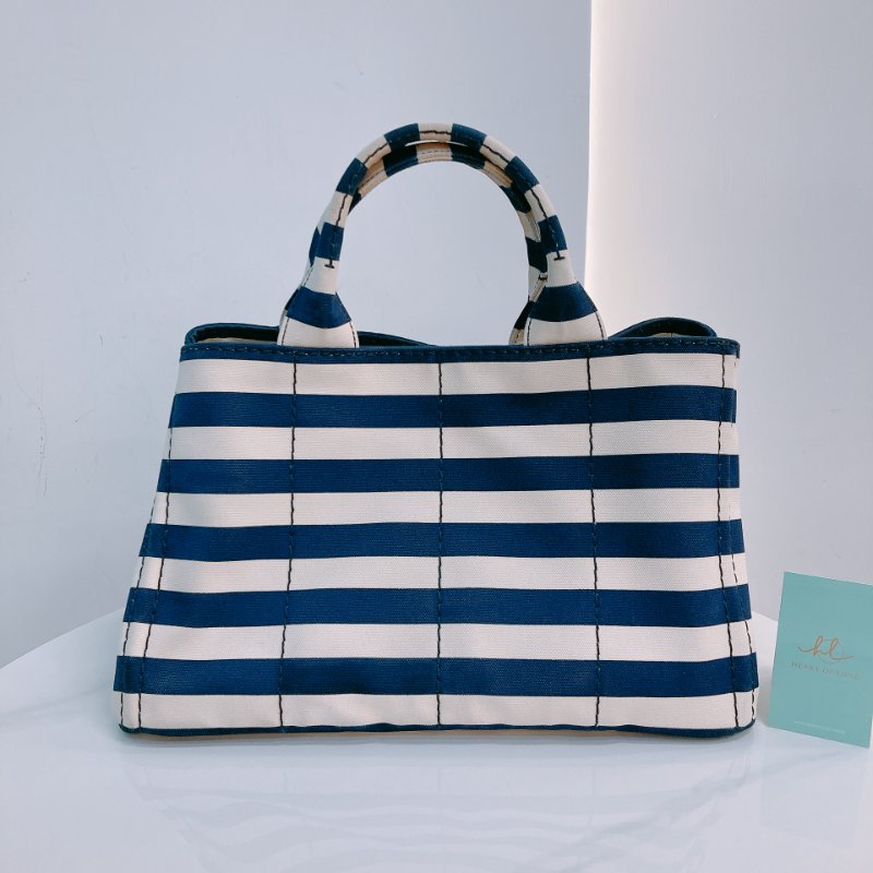 MS0602 Prada 普拉達 麻繩圈標誌 帆布 手提包 單肩包 間條 軍藍色 金扣 Canapa Logo Handle Bag with Strap Canvas Navy x White-1