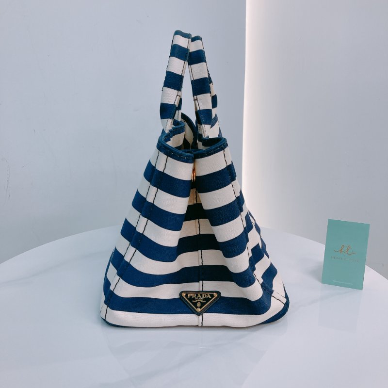 MS0602 Prada 普拉達 麻繩圈標誌 帆布 手提包 單肩包 間條 軍藍色 金扣 Canapa Logo Handle Bag with Strap Canvas Navy x White-2