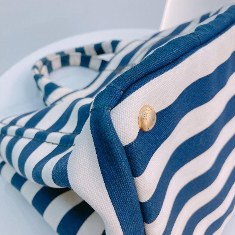 MS0602 Prada 普拉達 麻繩圈標誌 帆布 手提包 單肩包 間條 軍藍色 金扣 Canapa Logo Handle Bag with Strap Canvas Navy x White-5