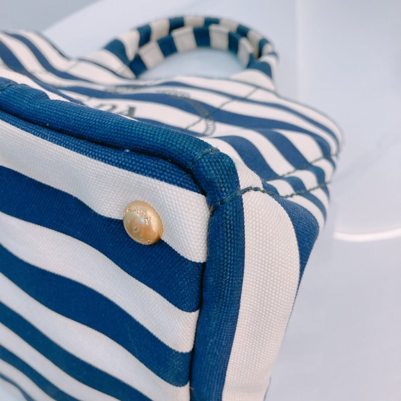 MS0602 Prada 普拉達 麻繩圈標誌 帆布 手提包 單肩包 間條 軍藍色 金扣 Canapa Logo Handle Bag with Strap Canvas Navy x White-6