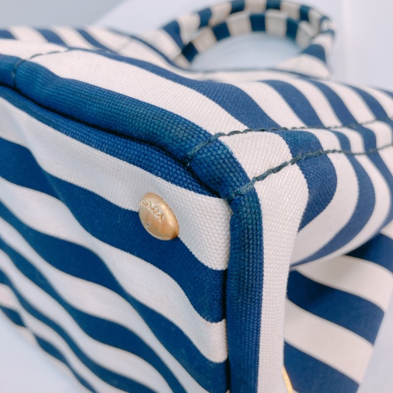 MS0602 Prada 普拉達 麻繩圈標誌 帆布 手提包 單肩包 間條 軍藍色 金扣 Canapa Logo Handle Bag with Strap Canvas Navy x White-8