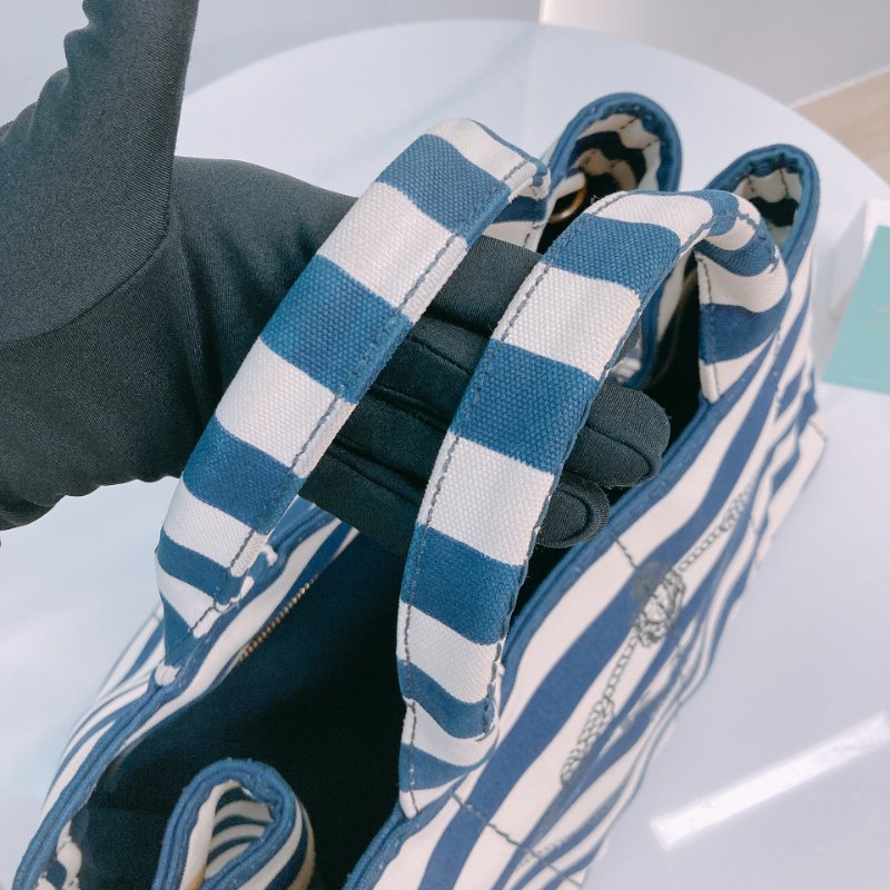 MS0602 Prada 普拉達 麻繩圈標誌 帆布 手提包 單肩包 間條 軍藍色 金扣 Canapa Logo Handle Bag with Strap Canvas Navy x White-10