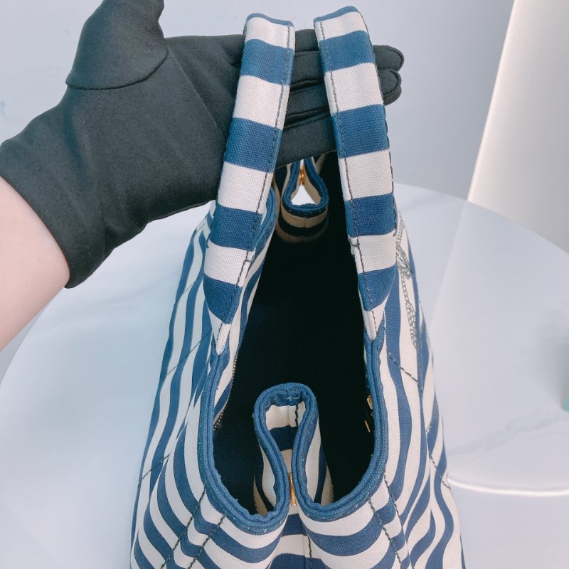 MS0602 Prada 普拉達 麻繩圈標誌 帆布 手提包 單肩包 間條 軍藍色 金扣 Canapa Logo Handle Bag with Strap Canvas Navy x White-11