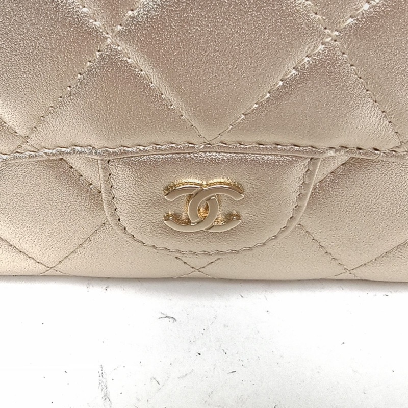 CHANEL 金色羊皮18開金扣CF長款三折口蓋錢包18cm-4