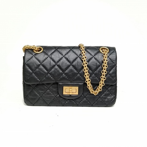 CHANEL 2.55口蓋包迷你20cm黑色牛皮30開金扣