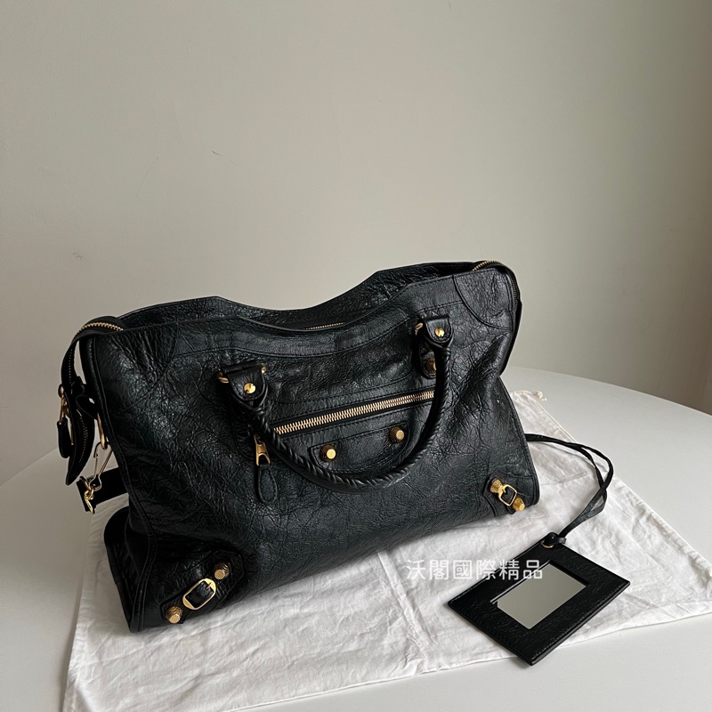 Balenciaga City中號 黑金機車包-0