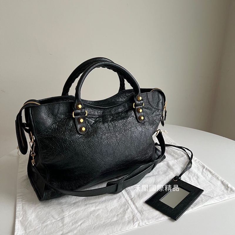 Balenciaga City中號 黑金機車包-1
