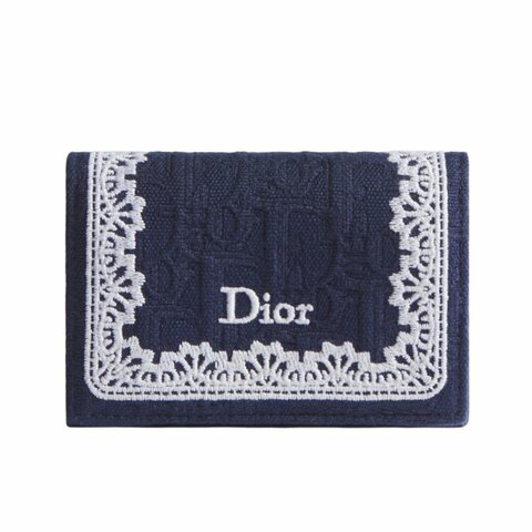 【Dior 迪奧】Oblique Glycine 棉質 小牛皮 蕾絲細節 卡夾 皮夾 短夾 藍色 S2406PUKL_M928