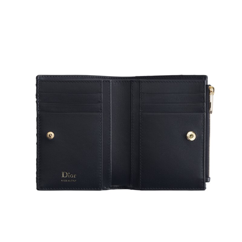 【Dior 迪奧】Oblique Glycine 棉質 小牛皮 蕾絲細節 卡夾 皮夾 短夾 藍色 S2406PUKL_M928-1