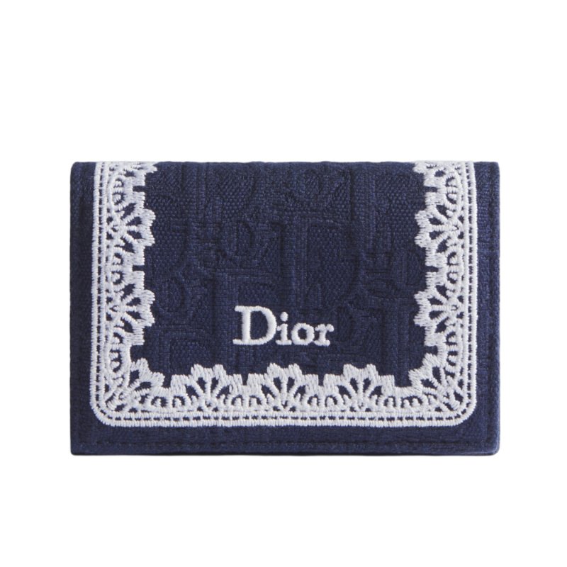【Dior 迪奧】Oblique Glycine 棉質 小牛皮 蕾絲細節 卡夾 皮夾 短夾 藍色 S2406PUKL_M928-3