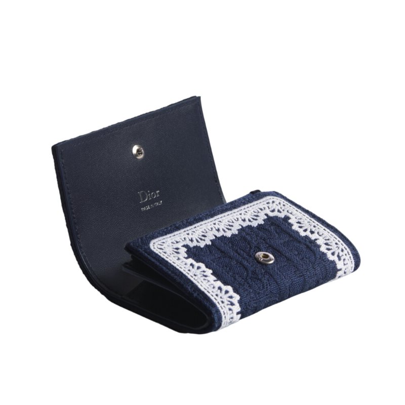 【Dior 迪奧】Oblique Glycine 棉質 小牛皮 蕾絲細節 卡夾 皮夾 短夾 藍色 S2406PUKL_M928-3