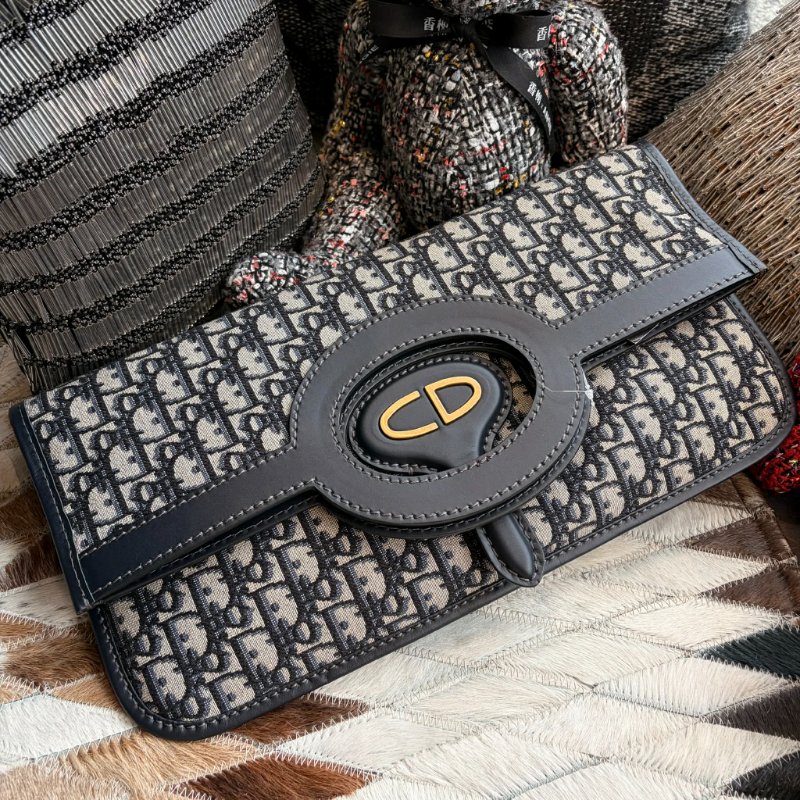 DIOR 緹花布手拿包 藍色-4