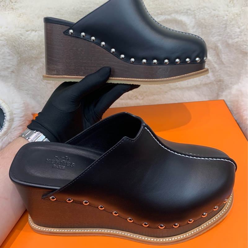 Hermes 愛馬士 木屐拖鞋增高黑色/棕色 37 (XC284)-4