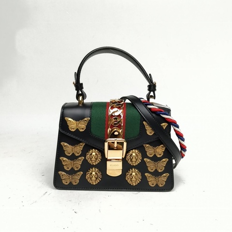 GUCCI Sylvie塞爾維亞絲帶包Mini金屬蝴蝶獅頭黑色牛皮金扣