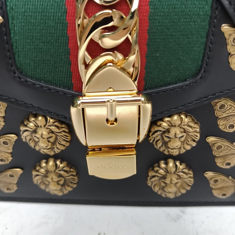 GUCCI Sylvie塞爾維亞絲帶包Mini金屬蝴蝶獅頭黑色牛皮金扣-4