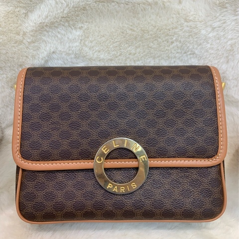Celine 賽琳 地球黃金扣 啡色 老花斜背包 （XA374)已換皮