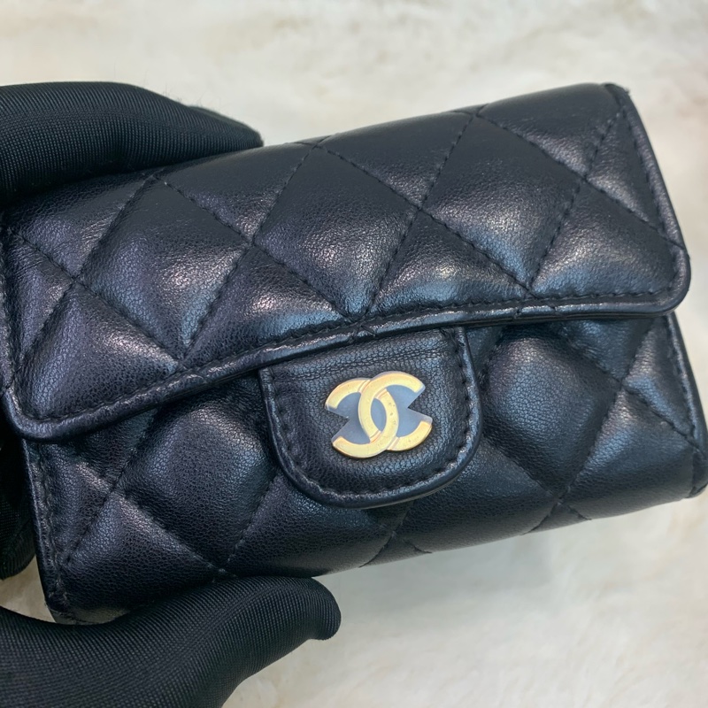 Chanel 香奈兒 黑色 經典CF 金扣 羊皮卡包-5