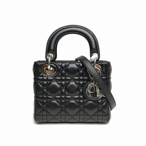 DIOR LadyDior戴妃包三格黑色羊皮銀扣2015