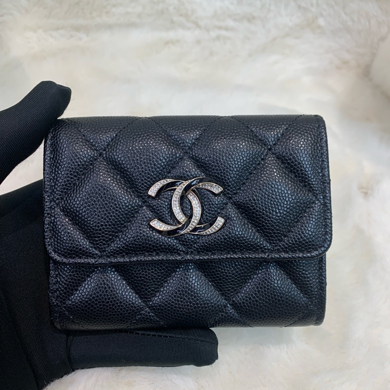 Chanel 香奈兒 黑色 荔牛 水鑽扣 中號卡包 芯片款-0