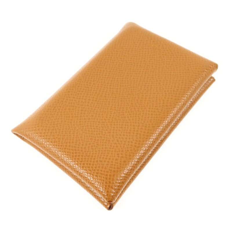 HERMES Epsom皮革Calvi銀扣卡片套Gold-2