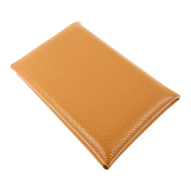 HERMES Epsom皮革Calvi銀扣卡片套Gold-3