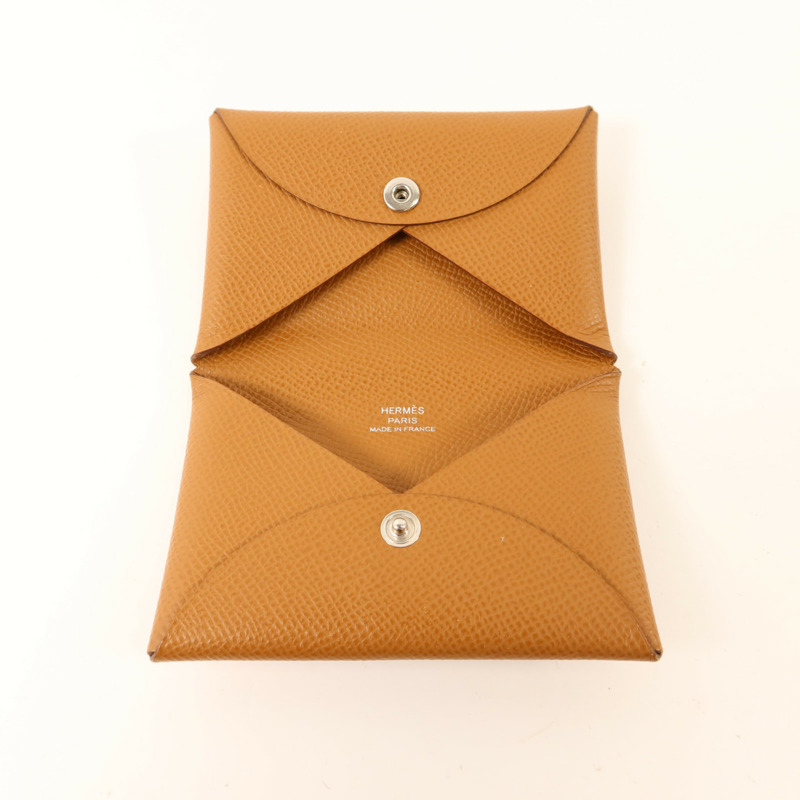 HERMES Epsom皮革Calvi銀扣卡片套Gold-4