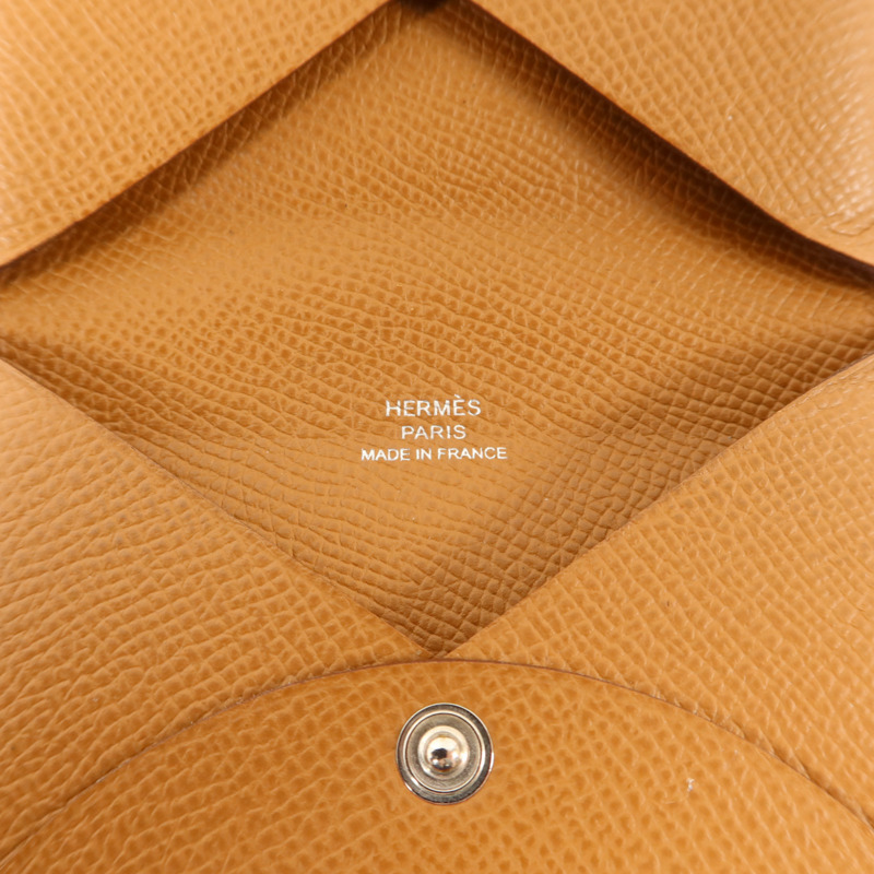 HERMES Epsom皮革Calvi銀扣卡片套Gold-5