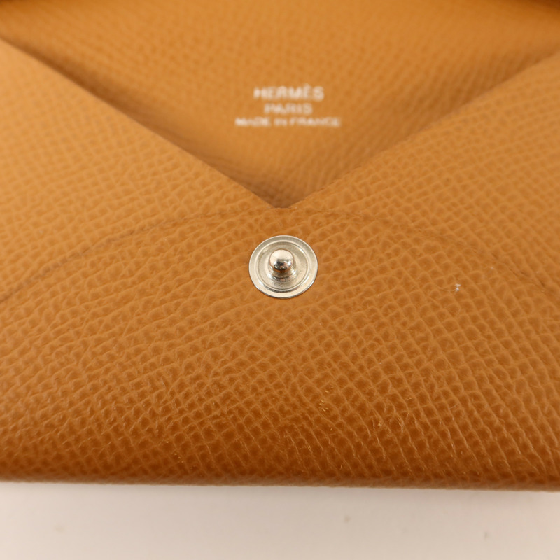 HERMES Epsom皮革Calvi銀扣卡片套Gold-8