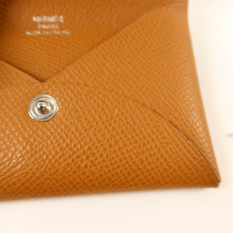 HERMES Epsom皮革Calvi銀扣卡片套Gold-15