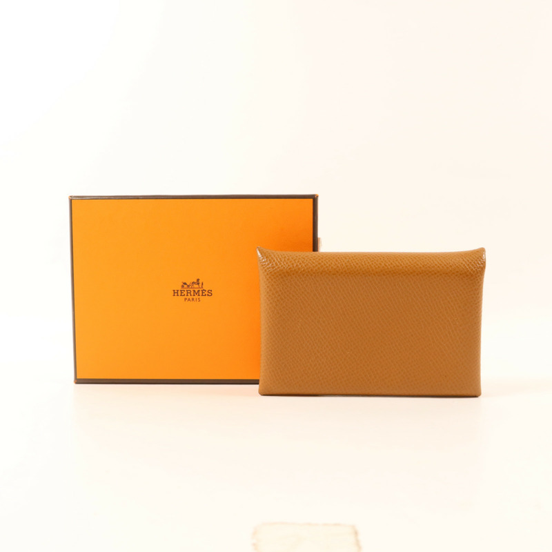 HERMES Epsom皮革Calvi銀扣卡片套Gold-17