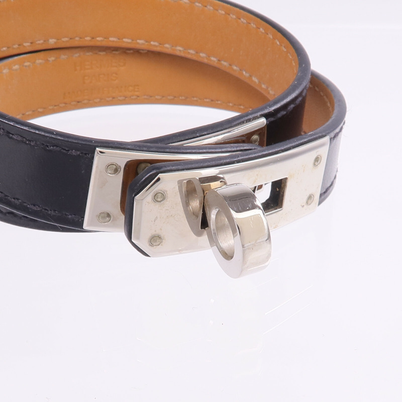 HERMES Boxcalf皮革Kelly Double Tour Bracelet銀扣手帶-4