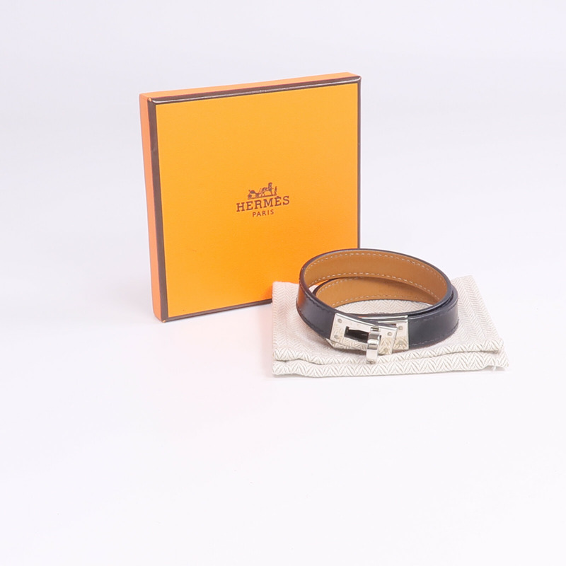 HERMES Boxcalf皮革Kelly Double Tour Bracelet銀扣手帶-10