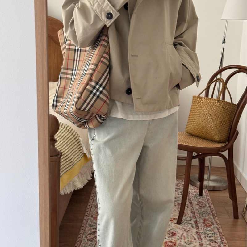 【95新✨全網最低價】Burberry/巴宝莉 Tote 經典格紋 帆布圖層拼皮托特包 文藝氣息拉滿-1