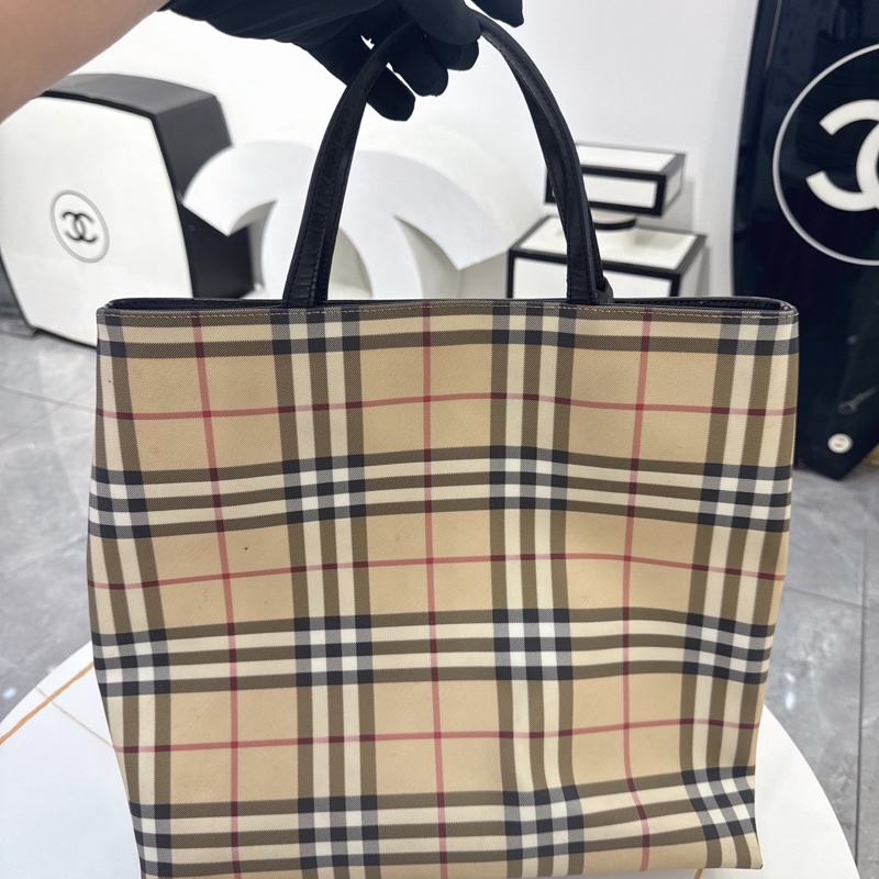 【95新✨全網最低價】Burberry/巴宝莉 Tote 經典格紋 帆布圖層拼皮托特包 文藝氣息拉滿-3