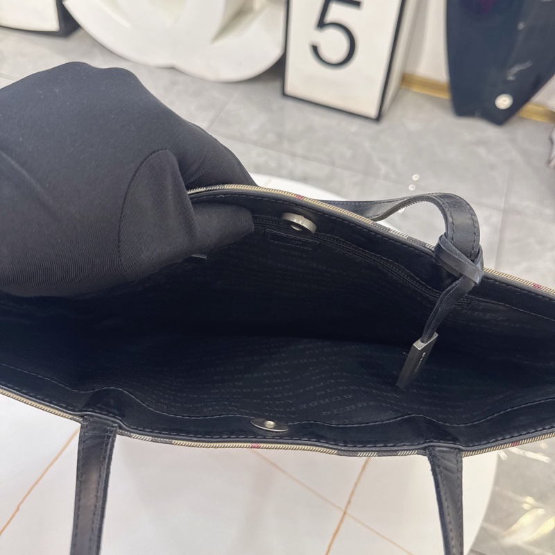 【95新✨全網最低價】Burberry/巴宝莉 Tote 經典格紋 帆布圖層拼皮托特包 文藝氣息拉滿-5